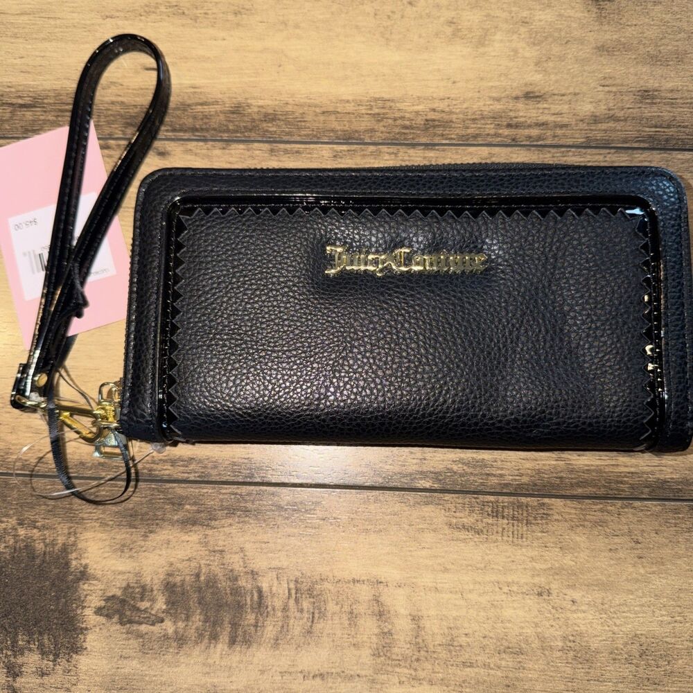 New JUICY COUTURE Zip Around Wristlet Wallet Card Phone Holder BLACK & GOLD NWT